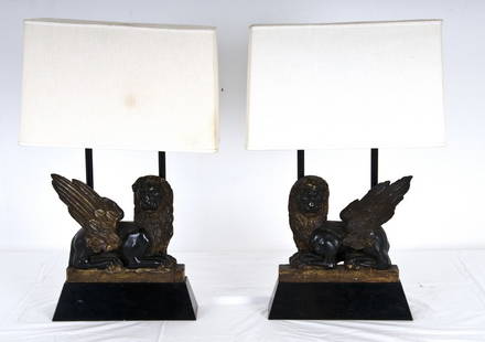 BILLY HAINES: PAIR OF PAINTED & GILT LION LAMPS: each mounted on a Haines designed base with fabric shade; depicting a crouching lion of St. Mark Provenance: The Estate of Dr. Herbert & Mrs. Rita LeRoy Roedling, a William "Billy" Haines