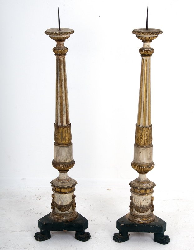 PAIR OF ITALIAN PAINTED & PARCEL GILT ALTAR STICKS: each columnar support on a tripod base 50 inches high