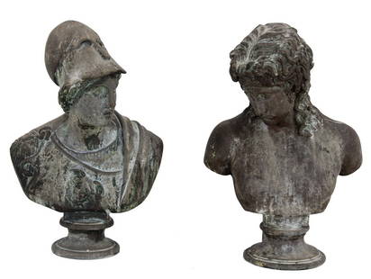 PAIR OF NEOCLASSICAL STYLE LEAD BUSTS: one depicting Minerva; the other, a youth Provenance: The Estate of Dr. Herbert & Mrs. Rita LeRoy Roedling, a William "Billy" Haines commission 25 inches high