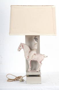 HAINES CHINESE TERRACOTTA EQUESTRIAN TABLE LAMP: with painted and lacquered Haines mount and fabric shade Provenance: The Estate of Dr. Herbert & Mrs. Rita LeRoy Roedling, a William "Billy" Haines commission 23 total inches high