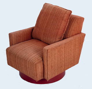 WILLIAM "BILLY" HAINES: SENIAH UPHOLSTERED SWIVEL CHAIR: with original orange fabric and orange lacquered circular base Provenance: The Estate of Dr. Herbert & Mrs. Rita LeRoy Roedling, a William "Billy" Haines commission