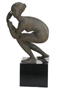PERICLE FAZZINI: "CROUCHING NUDE": inscribed in casting the bronze crouching woman on a square black painted wood base Provenance: The Estate of Dr. Herbert & Mrs. Rita LeRoy Roedling, a William "Billy" Haines commission 13 inches high