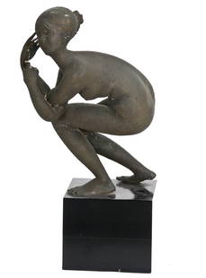 PERICLE FAZZINI: "CROUCHING NUDE": inscribed in casting the bronze crouching woman on a square black painted wood base Provenance: The Estate of Dr. Herbert & Mrs. Rita LeRoy Roedling, a William "Billy" Haines commission 13 inches