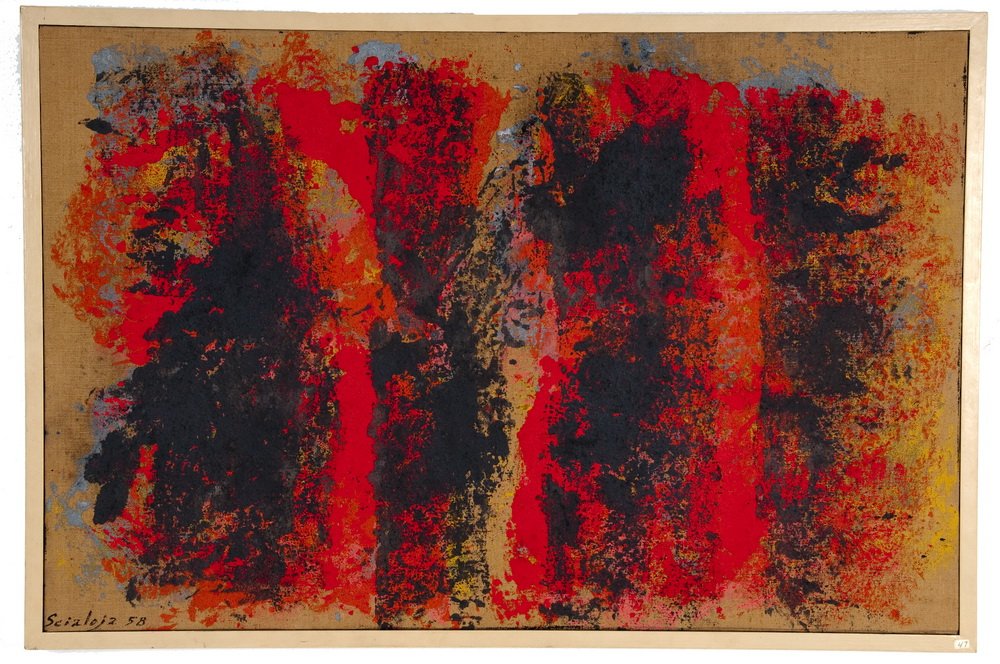 TOTI SCIALOJA: "DOPPIO": circa 1958 oil on canvas signed and dated lower left signed, titled, and dated verso Condition: good condition 25 x 38 1/2 inches