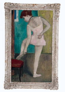 FRANCOIS GALL: "BALLERINA STANDING": oil on board signed lower left, "F. Gall Paris" Provenance: The Estate of Dr. Herbert & Mrs. Rita LeRoy Roedling, a William "Billy" Haines commission 18 x 10 1/2 inches