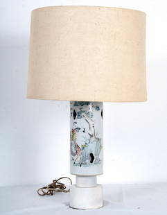 WILLIAM "BILLY" HAINES: CHINESE PORCELAIN BRUSH POT: cylindrical form with painted scene depicting a woman riding a deer; mounted on a white painted cylindrical base Provenance: The Estate of Dr. Herbert & Mrs. Rita LeRoy Roedling, a William "Billy" Hai