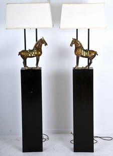 PAIR OF HAINES CHINESE TANG STYLE FLOOR LAMPS: each on a two-part lacquered Haines designed base, with shades Provenance: The Estate of Dr. Herbert & Mrs. Rita LeRoy Roedling, a William "Billy" Haines commission 66 1/2 total inches high