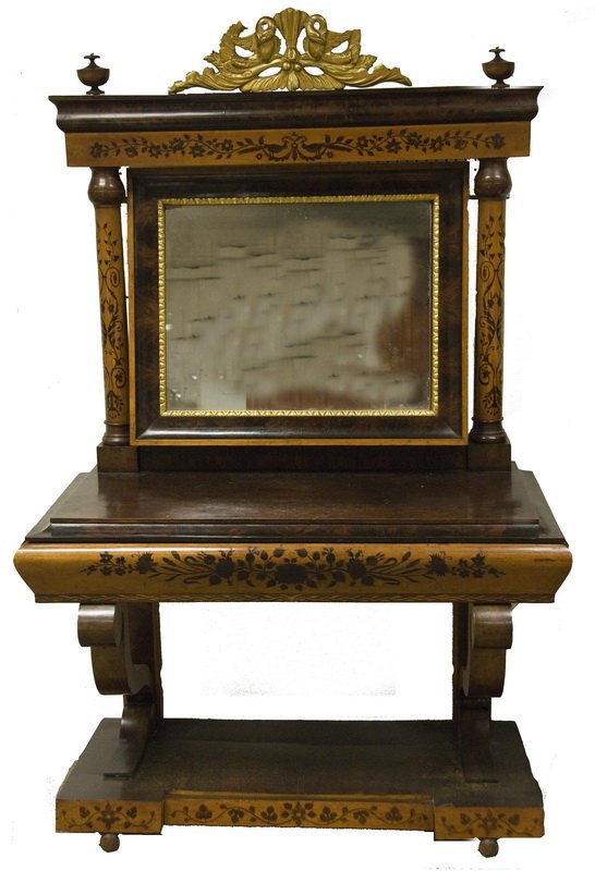SPANISH BIEDERMEIER MAHOGANY & MARQUETRY CONSOLE: the central gilt surmount above a marquetry inlaid mirrored back resting on a console with foliate inlaid frieze drawer, scrolled supports, and a breakfront base 50 1/2 inches wide; 24 1/2 inches deep