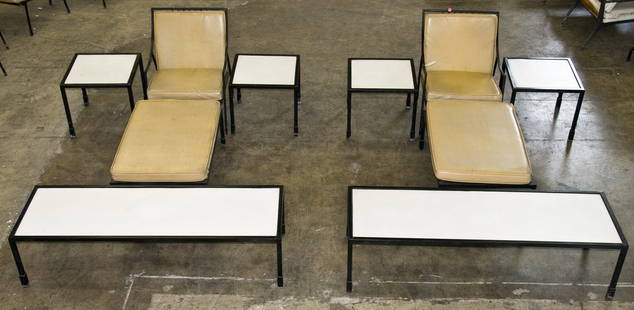 PAIR OF HAINES PATIO ARMCHAIRS, OTTOMANS & TABLE SET: WILLIAM "BILLY" HAINES: PAIR OF PATIO ARMCHAIRS WITH OTTOMANS & SUITE OF PATIO TABLESthe tables comprising of a pair of coffee tables and four occasional side tables Provenance: The Estate of Dr. Herb