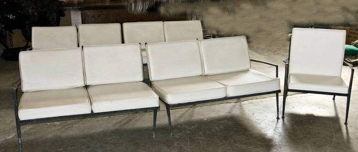 PAIR OF METAL TWO-PART PATIO SETTEES: along with an armchair Provenance: The Estate of Dr. Herbert & Mrs. Rita LeRoy Roedling, a William "Billy" Haines commission; each measuring 93 inches wide; 30 inches deep; 28 inches high; seat is 16