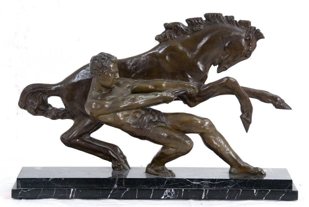 ALBERTO BAZZONI: "LA FORCE": circa 1925 bronze group with verdigris patina, on a stepped black marble plinth inscribed in casting 23 1/2 inches wide; 15 1/2 inches high