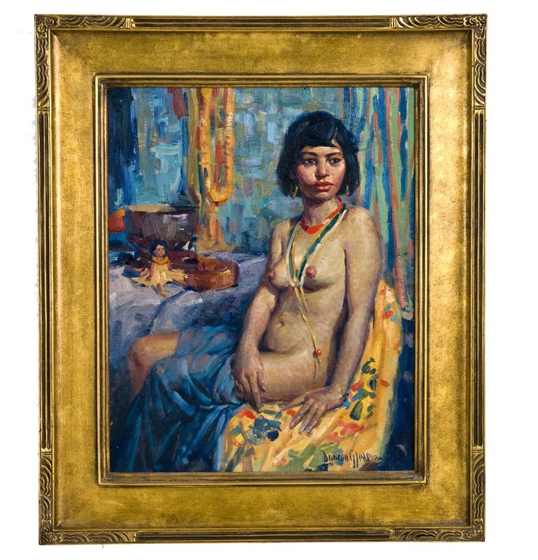 DUNCAN GLEASON: "POLYNESIAN": oil on canvas, wax relined signed lower right Provenance: retaining label from Gleason studio with title stretcher stamped "Painter's & Sculptor's Club Los Angeles" 20 x 16 inches