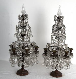 PAIR OF FRENCH BRONZE & CRYSTAL GIRONDLES: each with crystal swag and prisms pendant; having a molded glass stem and six scrolled candle arms Provenance: The Estate of Dr. Herbert & Mrs. Rita LeRoy Roedling, a William "Billy" Haines commission