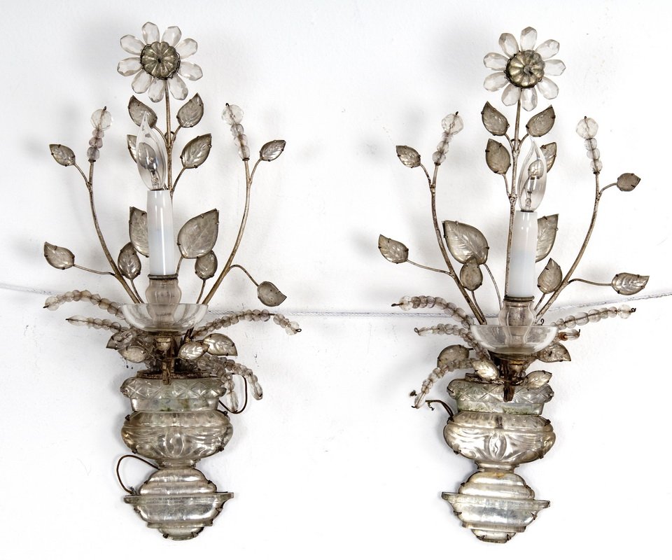 PAIR OF BAGUES STYLE ROCK CRYSTAL WALL SCONCES: the single scrolling arm extending from a crystal vase form backplate branching into beaded and metal stems and a central beaded flower Provenance: The Estate of Dr. Herbert & Mrs. Rita LeRoy Roedling