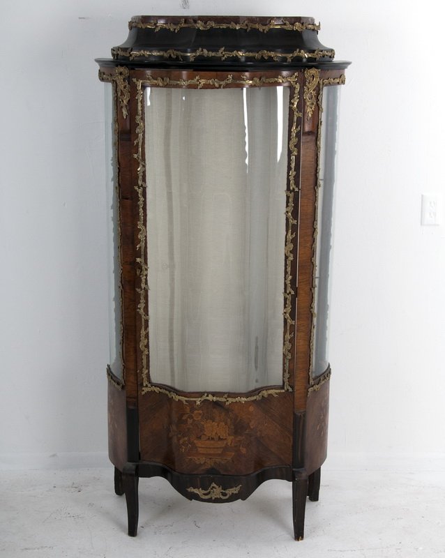 FRENCH ORMOLU MOUNTED ROSEWOOD & MARQUETRY VITRINE: the rouge marble top above a boiserie stepped top, single curved glazed door with lower inlaid bouquet of flowers and similar sides 33 inches wide; 66 inches high