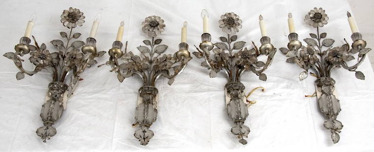 FOUR BAGUES STYLE CRYSTAL & SILVERED METAL SCONCES: each with two scrolled candle arms having crystal floral design Provenance: The Estate of Dr. Herbert & Mrs. Rita LeRoy Roedling, a William "Billy" Haines commission 24 1/2 x 13 inches