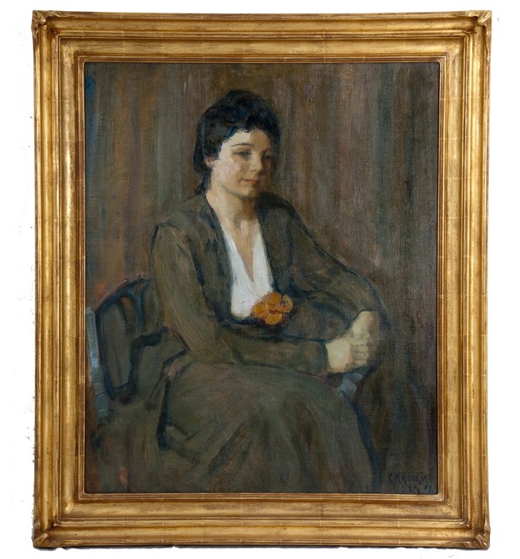 CLARENCE K. HINKLE: "THE ARTIST'S WIFE": circa 1919 oil on canvas board signed and dated lower right 35 x 29 inches