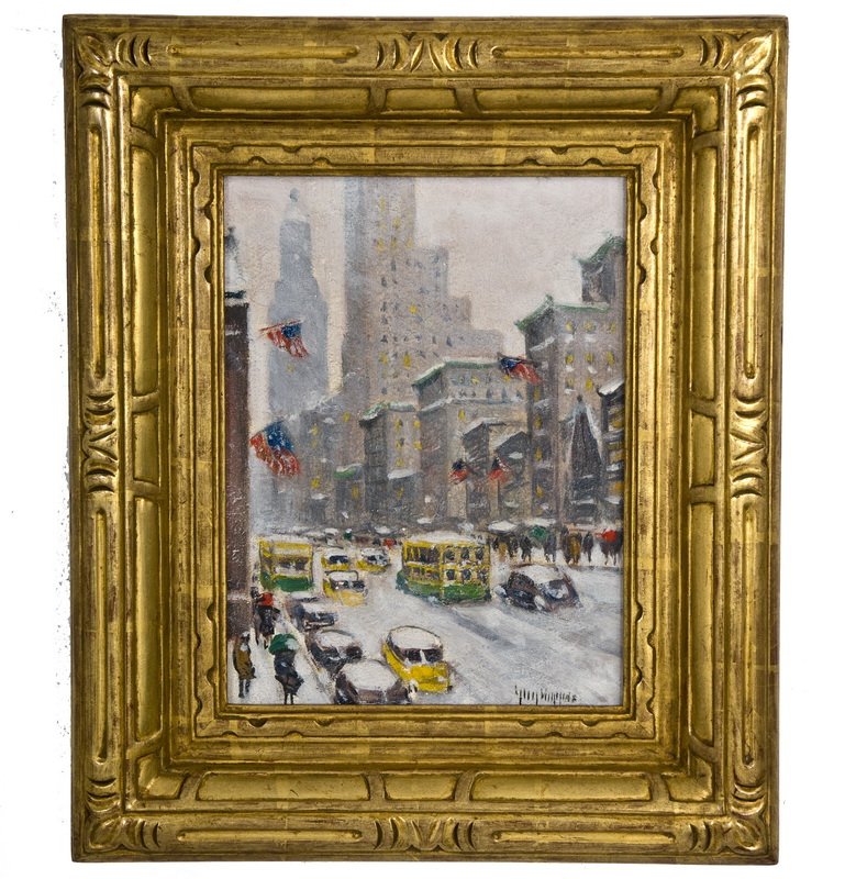 ATTRIBUTED TO GUY WIGGINS: "MIDTOWN MANHATTAN WINTER": oil on artist's board signed lower right signed and titled verso 12 x 9 inches