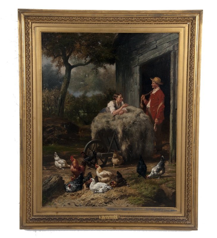 EUGENE REMY MAES & DAVID COL: "YOUNG GIRL & FARMER": oil on canvas signed lower right 33 1/2 x 25 1/2 inches