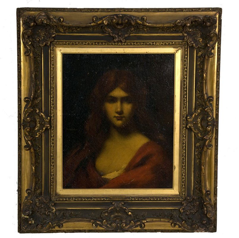 JEAN-JACQUES HENNER: "PORTRAIT OF A WOMAN": oil on canvas, relined signed left center Provenance: Armand du Vannes Gallery, Los Angeles Patricia du Vannes (Mrs. Armand du Vannes), Los Angeles Exhibited: Los Angeles County Museum of Art, "The Im