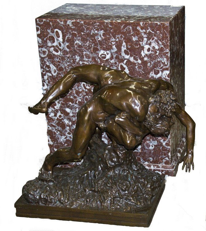 JEF LAMBEAUX: "WRESTLERS": two bronze wrestlers on a rocky mound signed in casting on a rouge marble pedestal the bronze measuring 35 inches wide x 16 inches deep x 27 inches high; 59 total inches high