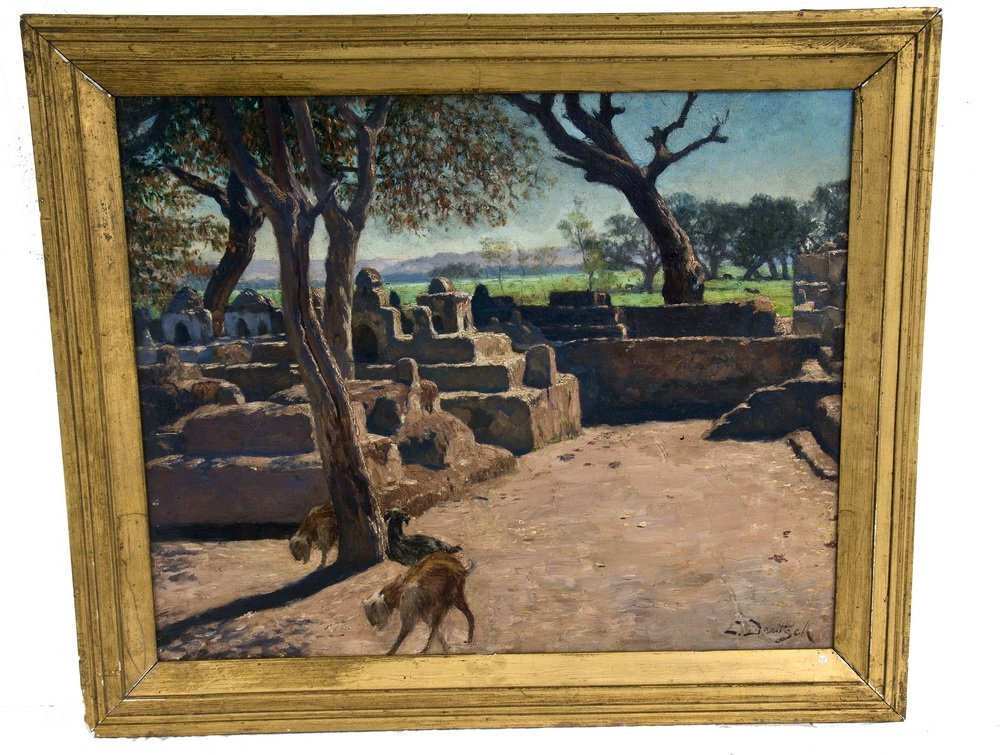 LUDWIG DEUTSCH: "GOATS IN A RUIN LANDSCAPE": oil on canvas signed lower left 20 x 24 inches