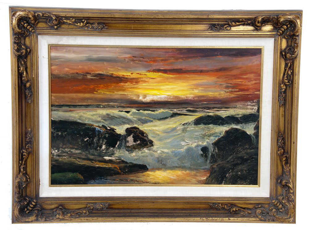 ROBERT WOOD: "WAVES CRASHING AT SUNSET": circa 1974 oil on board signed lower left stamped and dated verso 28 x 40 inches