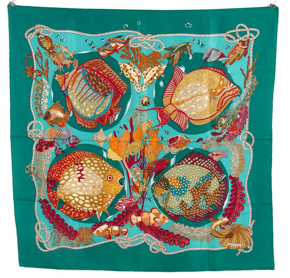 HERMES SILK SCARF "GRAND FONDS": Designed by Annie Faivre; underwater world with sea green background and coral colored fish 35 x 35 inches