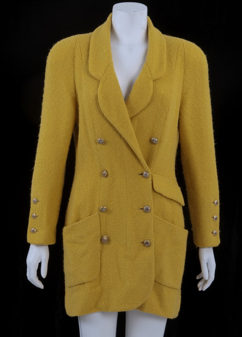 CHANEL YELLOW BLAZER: Double breasted wool coat; silk lining; vintage label attached Size: 42; legnth: 33 inches