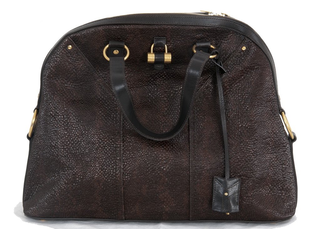 YVES SAINT LAURENT BROWN "SAC MUSE" HANDBAG: Pleine Fleur Aniline style; textured leather, brass hardware, YSL on lock and key, double logo zipperpulls; with authenticity card and black satin keeper bag 16 1/2 inches wide; 10 1/2 inches high; 5 