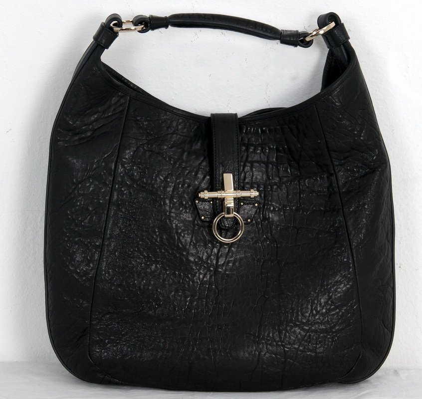 GIVENCHY BLACK EMBOSSED LEATHER HANDBAG: Hobo style textured leather tote; brass hardware 16 inches wide;14 inches high; 3 inches deep