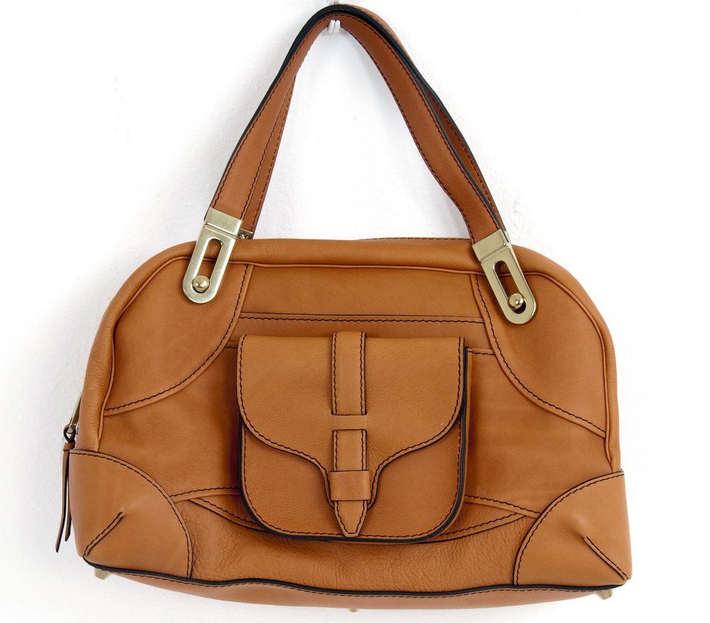 CHLOE "MARY" CARMEL LEATHER POCKET TOTE: style 3S0083; grained leather, goldtone hardware, front pouch pocket, inset top zip closure, twill lining, three pockets, protective feet; authenticity card Retail $1600 15 inches wide; 6 inches deep;