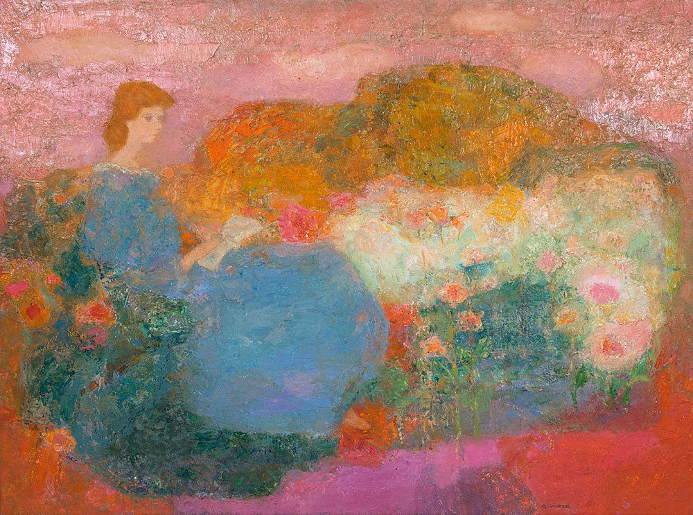MABEL ALVAREZ: "GIRL IN GARDEN": circa 1961 oil on board signed lower right 37 1/2 x 49 1/2 inches