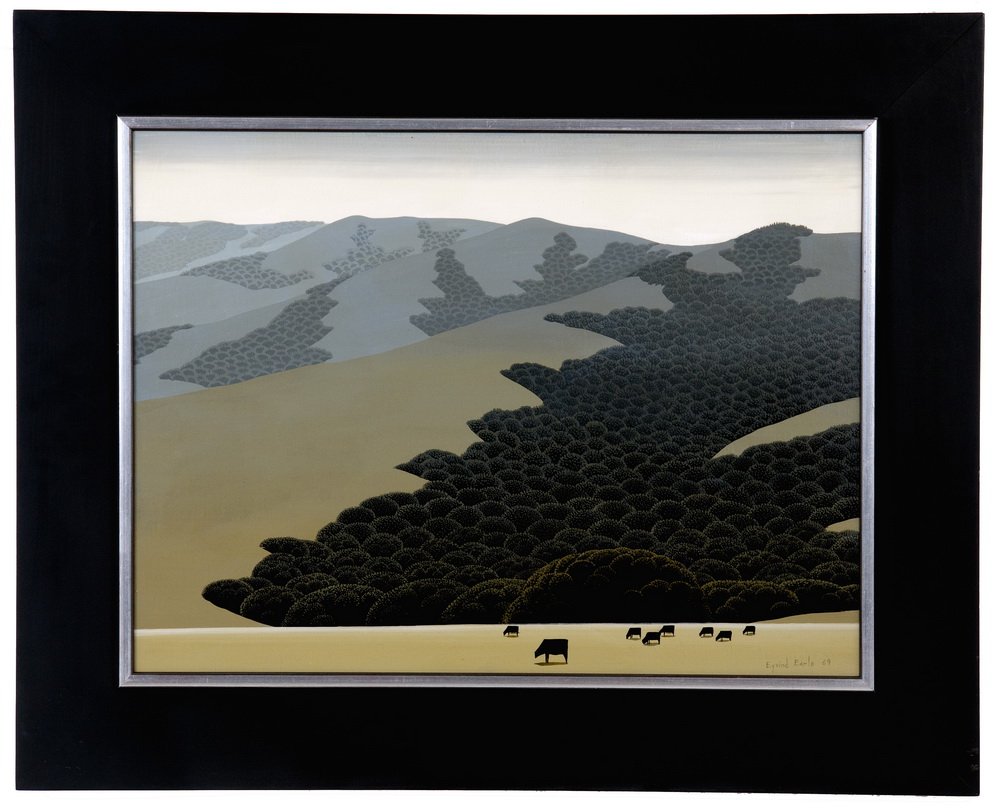 EYVIND EARLE: "MOUNTAIN LANDSCAPE WITH GRAZING CATTLE": circa 1969 oil on board signed and dated lower right 18 1/2 x 24 1/2 inches