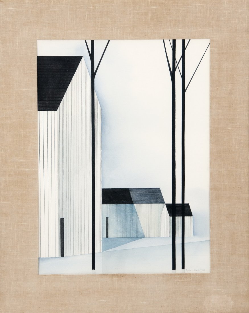 EYVIND EARLE: "WINTER LANDSCAPE WITH BUILDINGS": circa 1967 watercolor signed and dated lower right 25 1/2 x 18 1/2 inches sight