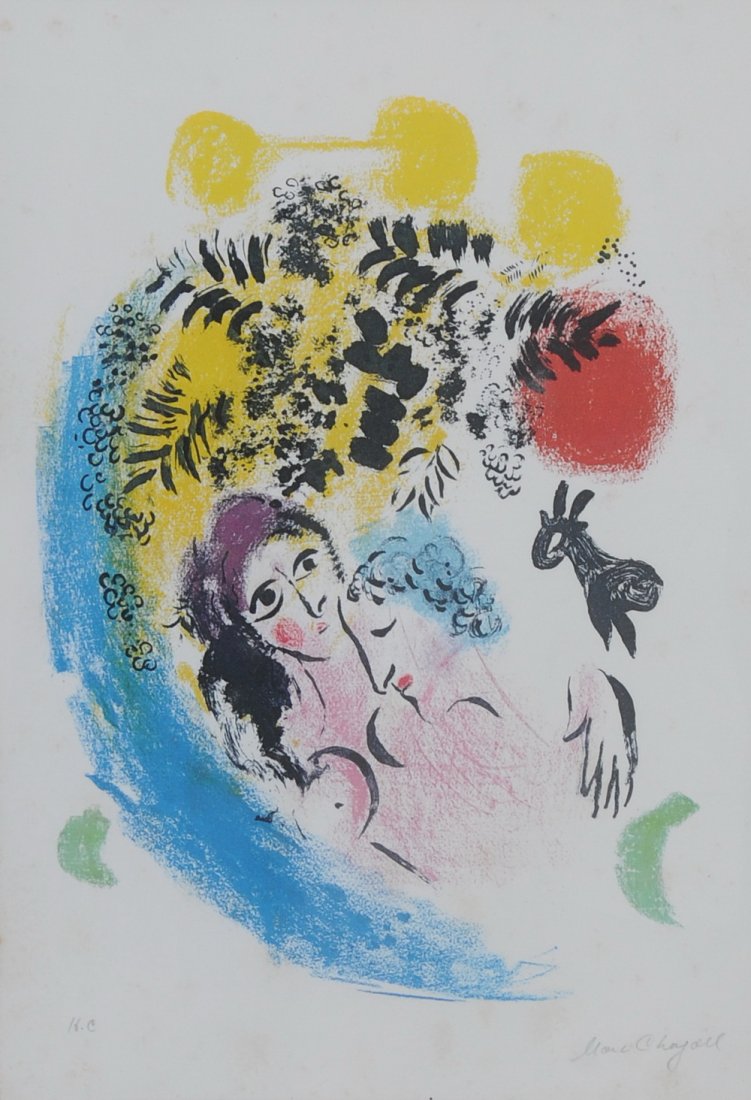 MARC CHAGALL: "LES AMOUREUX AUX SOLEIL ROUGE": circa 1960; Mourlot, 285 color lithograph signed and annotated HC in pencil Condition: with minor area of foxing lower left and surface dirt along upper border; framed in glass 14 3/4 x 10 1/2 inches
