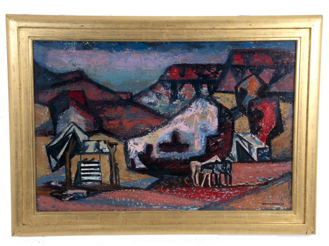 ERLE LORAN: "NAVAJO DESERT CAMP": circa 1948 oil on masonite signed and dated lower right 30 x 42 inches