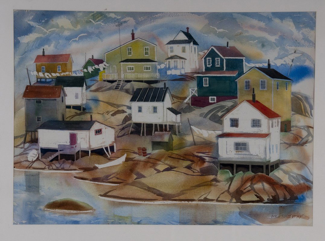 DORIS JEAN MCCARTHY: "AN OCEANSIDE VILLAGE": watercolor signed lower right 21 1/2 x 30 inches