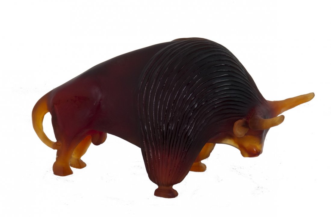 DAUM PATE-DE-VERRE ZEBU: etch signed X Carnoy and Daum France 0028/1000 with certificate 14 1/2 inches long; 8 inches high