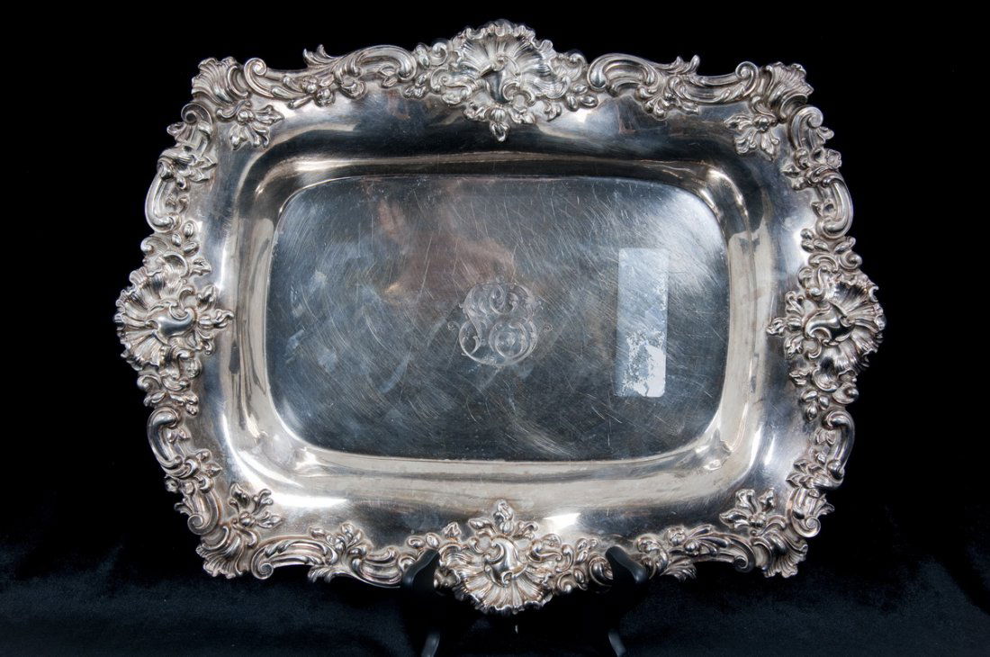 THEODORE B. STARR RECTANGULAR STERLING TRAY: having a cast acanthus border and a monogram at center 24 troy ounces Provenance: The Estate of David Weisz 11 1/2 x 15 inches