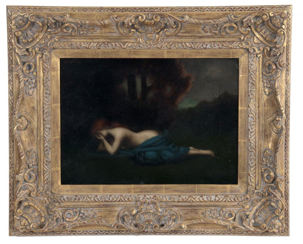 JEAN-JACQUES HENNER: "NUDE IN A LANDSCAPE": oil on canvas signed upper left 15 x 20 inches
