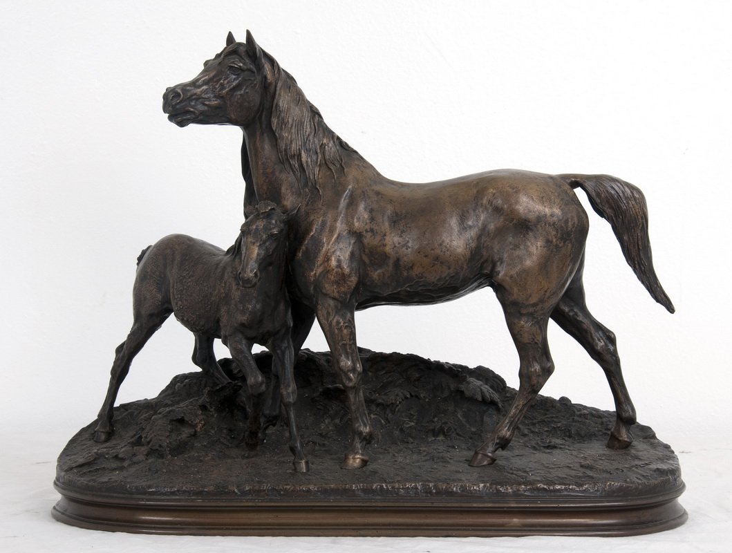 PIERRE JULES MENE: "MARE & COLT": circa 1886 signed and dated in casting 23 1/2 inches wide; 8 inches deep; 18 inches high