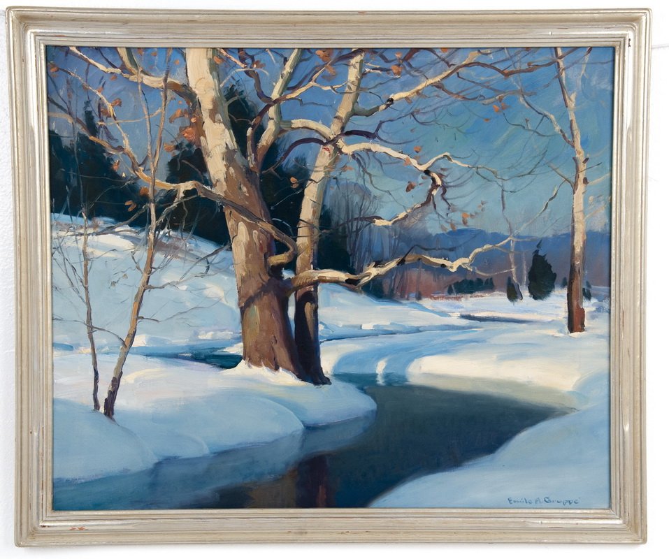 EMILE A. GRUPPE: "BEECH TREES, WINTER VERMONT": oil on canvas signed lower right 25 x 30 inches