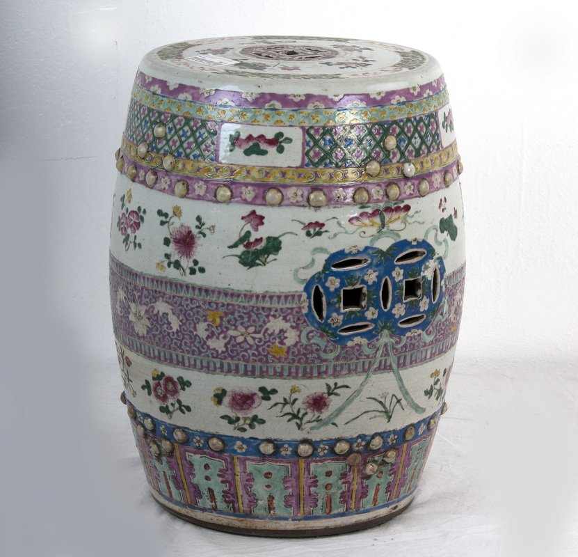 CHINESE PORCELAIN FAMILLE ROSE GARDEN SEAT: with polychrome decorative bands and flowers 14 inches diameter; 18 1/2 inches high
