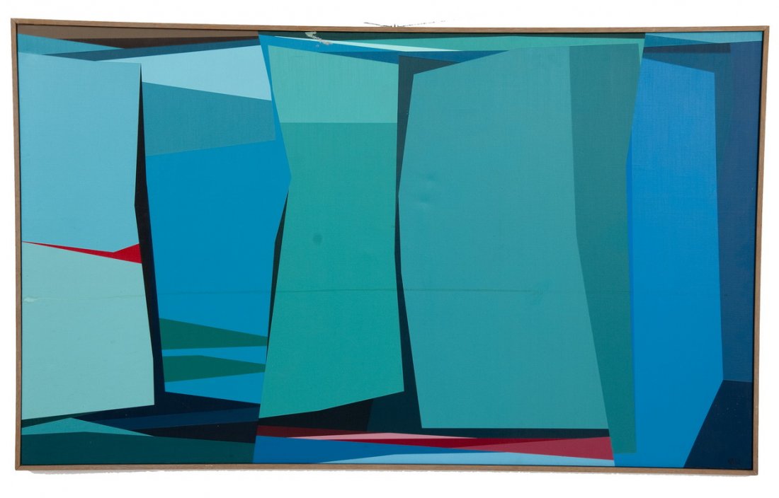 KARL BENJAMIN: "UNTITLED": circa 1962 oil on canvas initialed and dated lower right Provenance: The Estate of Florence Arnold The sale benefiting the Fresno Pacific University Foundation 30 x 50 inches