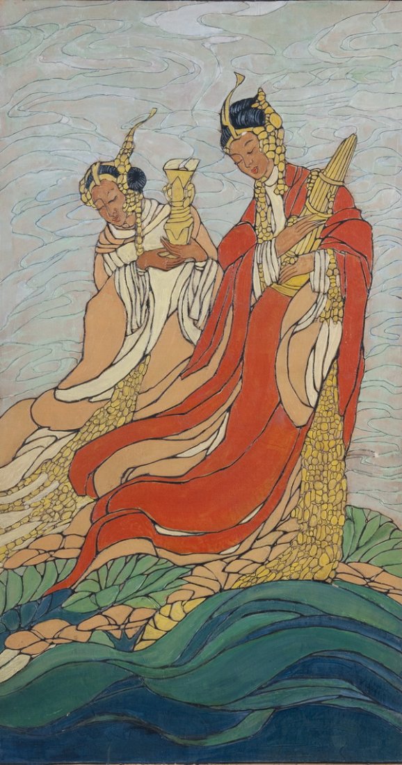 BERTHA BOYNTON LUM: "FIGURES ON A HILL": circa 1929 oil on board signed and dated bottom center 36 x 19 3/4 inches