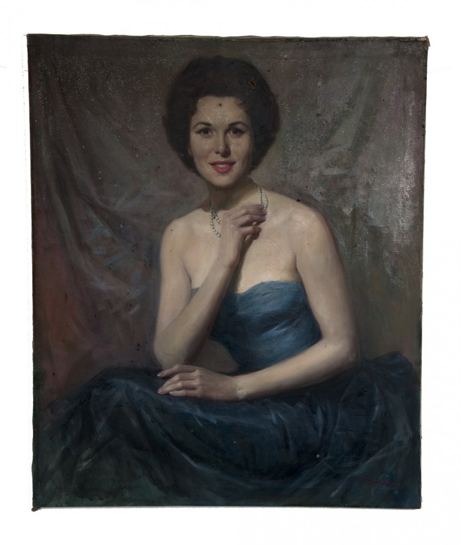 LAJOS MARKOS: "PORTRAIT OF BESS MYERSON": oil on canvas signed lower right Provenance: The Estate of Bess Myerson Condition: an approximately 1 inch tear in the vicinity of the hair and a smaller tear at the necklace; areas of craquelure; muc