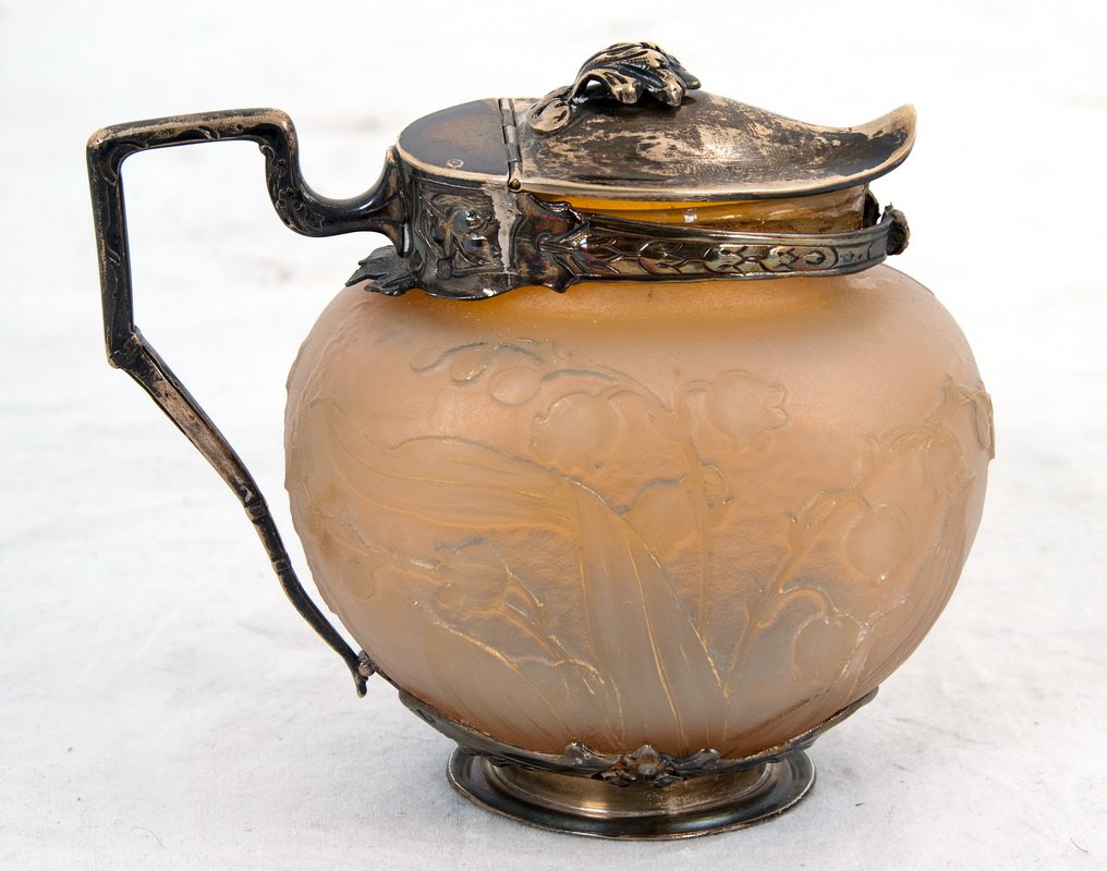 DAUM CAMEO GLASS & SILVER COVERED SYRUP PITCHER: circa 1900 decorated with lily of the valley 5 inches wide; 4 inches high