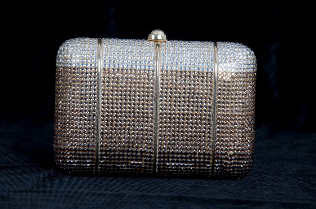 JUDITH LEIBER CRYSTAL MINAUDIERE: brown tone with a long strap and small round mirror 5 3/4 x 4 1/4 inches
