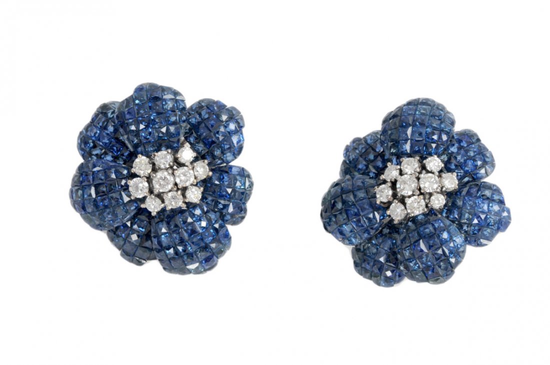 PAIR OF PLATINUM & INVISIBLE SET SAPPHIRE EARRINGS (1 of 3)